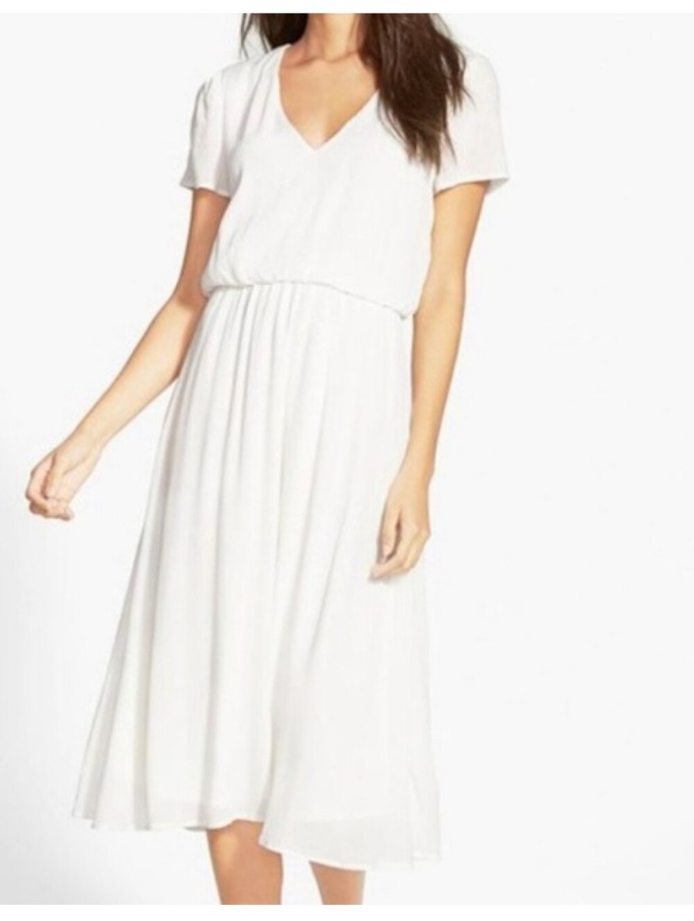 Wayf White V-Neck Short Sleeve Midi Blouson Dress Y2K Cottagecore Chic Lightweig